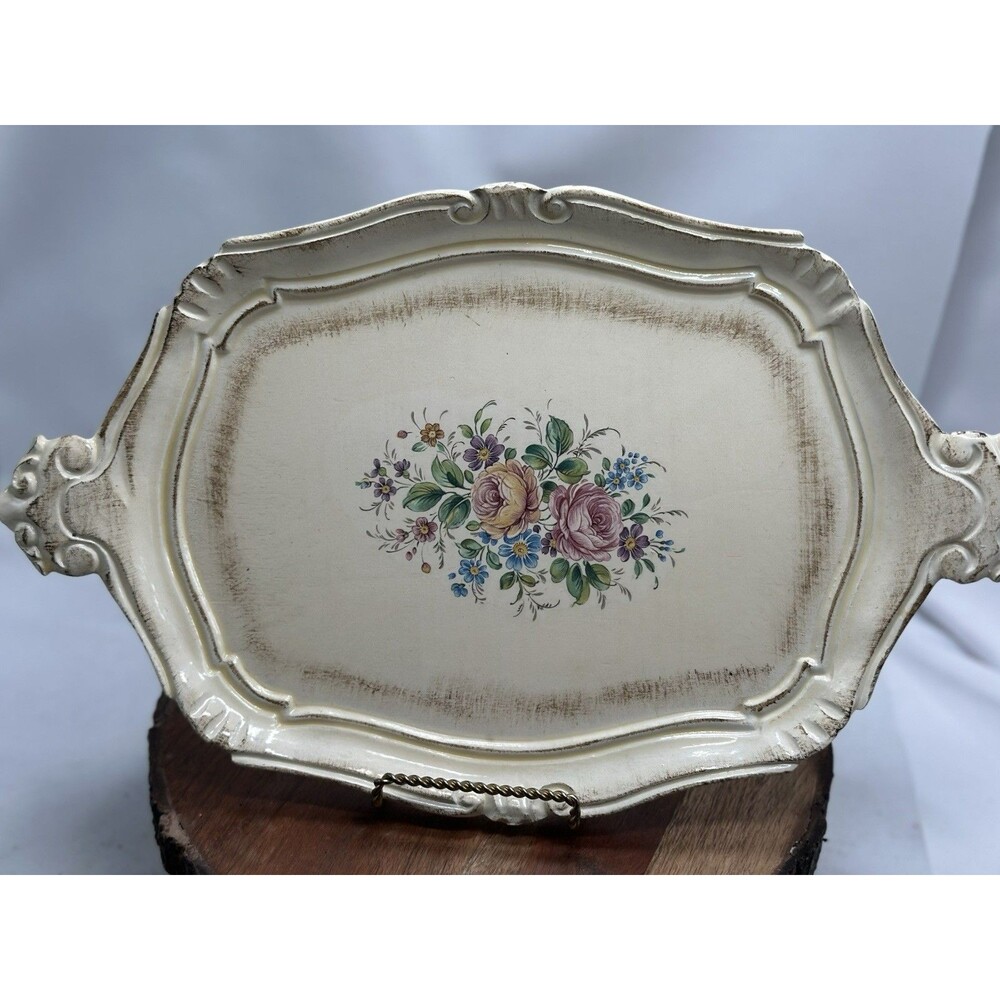 Italian Legno Holz Wood Bois Serving Tray Florals Flowers Made in Italy